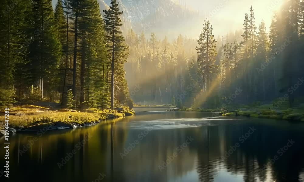 A serene forest landscape with a calm river reflecting sunlight through trees. A serene forest landscape with a calm river reflecting sunlight through trees.