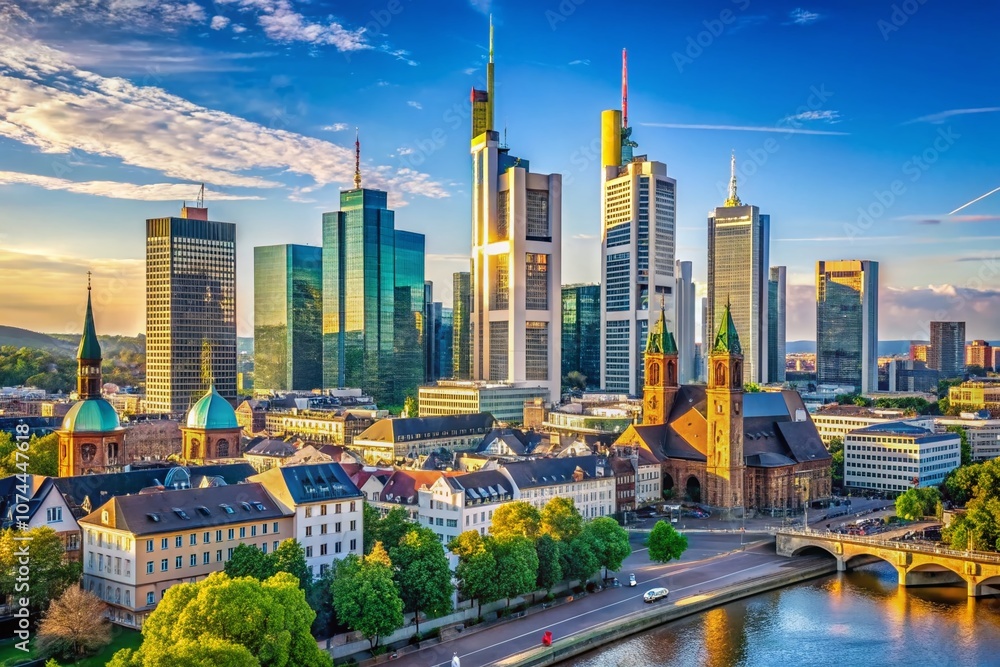 Fototapeta premium Captivating Architectural Photography of Office Buildings in Frankfurt: A Stunning Blend of Modern Design and Urban Landscape Showcasing Iconic Skyscrapers and Innovative Structures