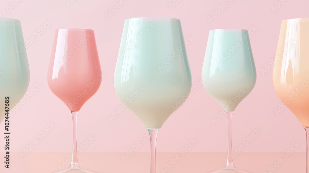 A row of colorful wine glasses are lined up on a table A row of colorful wine glasses are lined up on a table