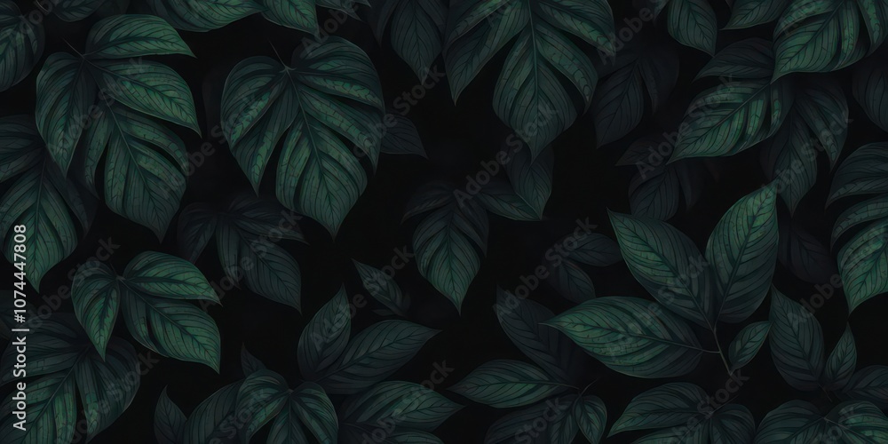 Dark and mysterious pattern featuring exotic leaves in deep greens and blacks, lush, foliage Dark and mysterious pattern featuring exotic leaves in deep greens and blacks, lush, foliage