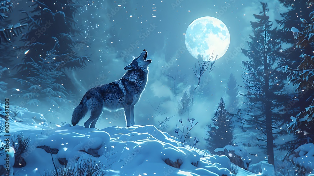 custom made wallpaper toronto digitalA fierce wolf howling at the moon in a snowy forest 