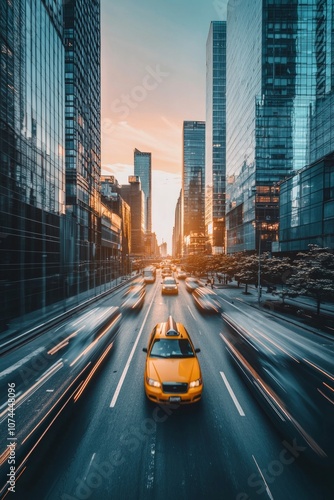 A bustling city street with tall buildings, cars in motion, captured during the golden hour for a warm and inviting feel. The focus is on yellow cabs driving through the scene