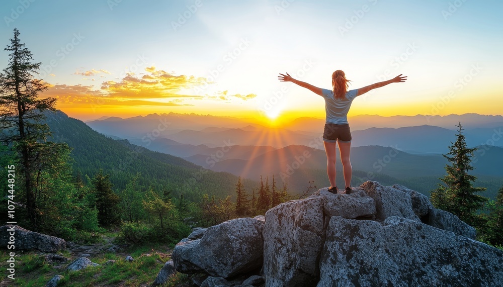 New Day, New Heights Woman Celebrates Success on a Mountain Summit. Adventure and Travel Concept. New Day, New Heights Woman Celebrates Success on a Mountain Summit. Adventure and Travel Concept.