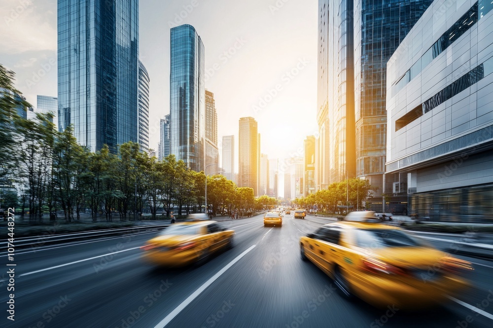 A bustling city street with tall buildings, cars in motion, captured during the golden hour for a warm and inviting feel. The focus is on yellow cabs driving through the scene A bustling city street with tall buildings, cars in motion, captured during the golden hour for a warm and inviting feel. The focus is on yellow cabs driving through the scene
