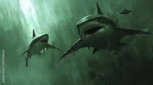 Two sharks swim gracefully in dark green waters, showcasing nature's predator beauty. photo