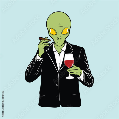 Alien in suit holding wine glass