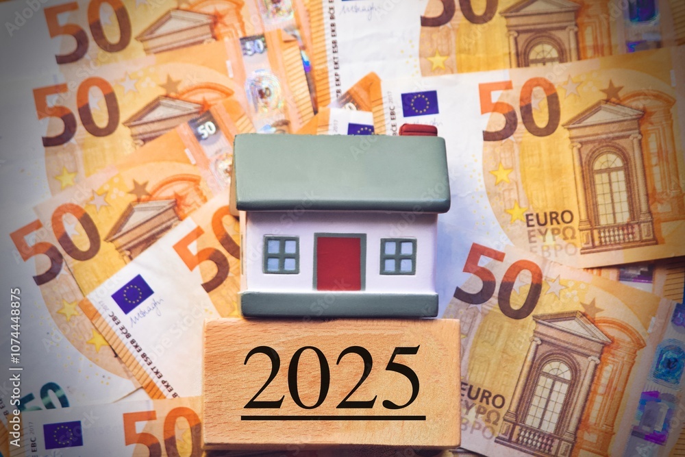 Miniature house and stack of coins. The concept of saving money for house, Property investment, House mortgage, Real estate in year 2025 Miniature house and stack of coins. The concept of saving money for house, Property investment, House mortgage, Real estate in year 2025