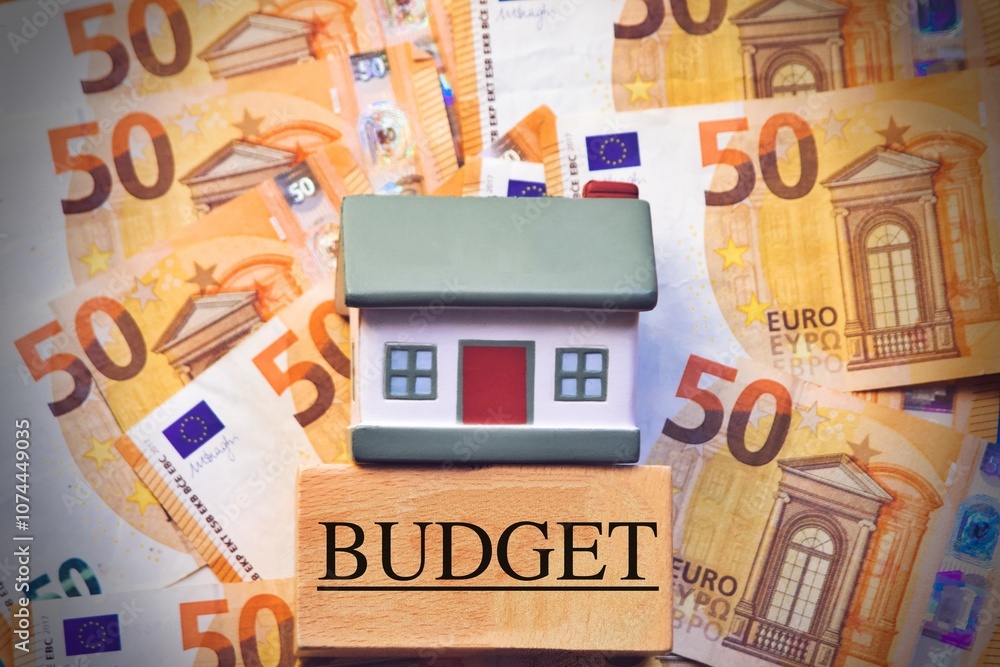 A miniature house on euro banknotes, symbolizing real estate budget or investment, savings or mortgage concepts A miniature house on euro banknotes, symbolizing real estate budget or investment, savings or mortgage concepts