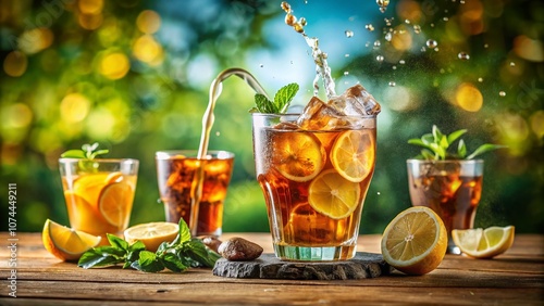 Captivating Double Exposure of Iced Tea Pouring from a Drink Dispenser into an Overflowing Glass, Emphasizing Refreshment and Summer Vibes in a Vivid Setting