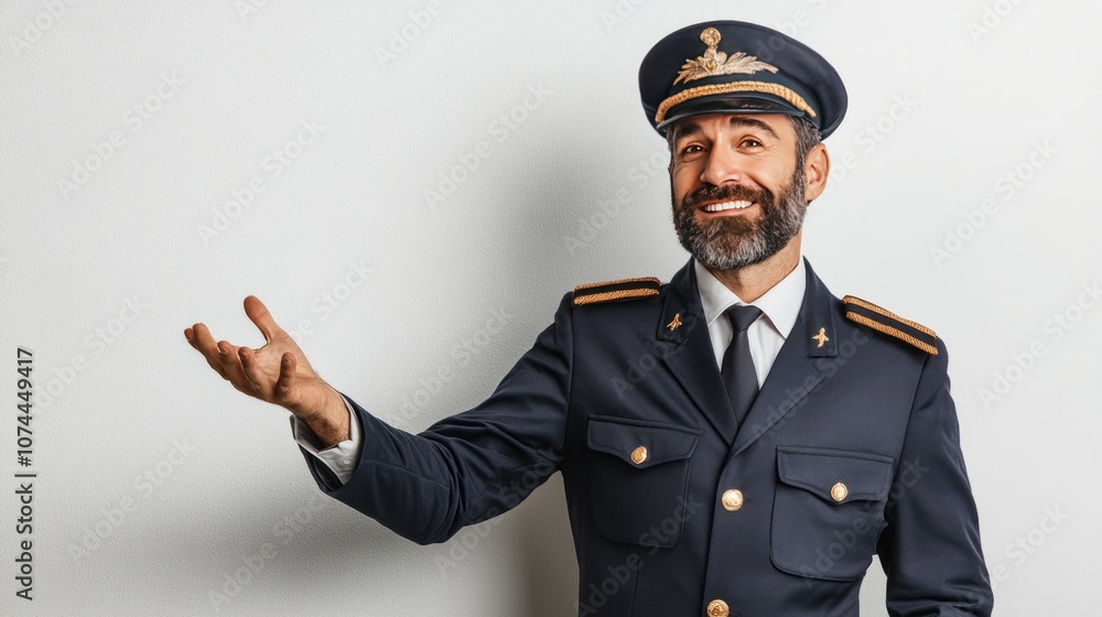A male pilot is gesturing and explaining the flight plan on a white background. He is wearing a pilot uniform. His face is enthusiastic and trustworthy. A male pilot is gesturing and explaining the flight plan on a white background. He is wearing a pilot uniform. His face is enthusiastic and trustworthy.