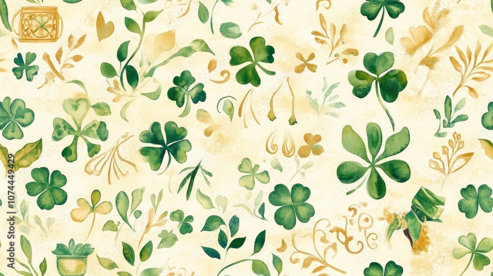 Watercolor illustration of a seamless pattern with shamrocks, leaves, and golden accents on a light background. Watercolor illustration of a seamless pattern with shamrocks, leaves, and golden accents on a light background.