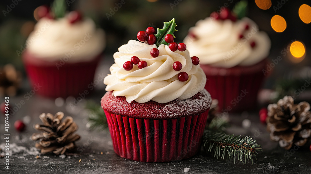 Christmas red velvet cupcake with cream cheese and cherry at the top of cupcake. Food photography for christmas cake decoration idea.