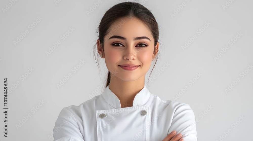 Female Chef Standing With Arms Crossed And Smiling On White Background, Wearing Chef's Uniform, Confident And Professional Face Female Chef Standing With Arms Crossed And Smiling On White Background, Wearing Chef's Uniform, Confident And Professional Face