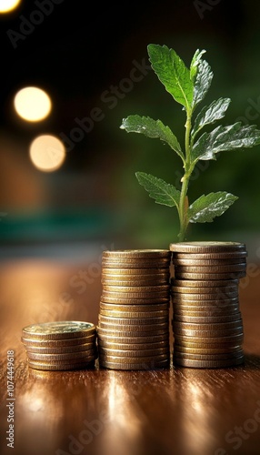 Financial Growth,Plant Growing from Coins,Business Investment Concept on Blurred Background