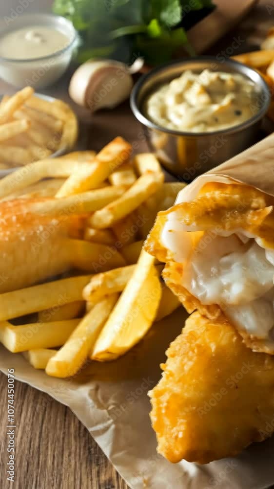 A crispy fish and chips meal with dipping sauce A crispy fish and chips meal with dipping sauce