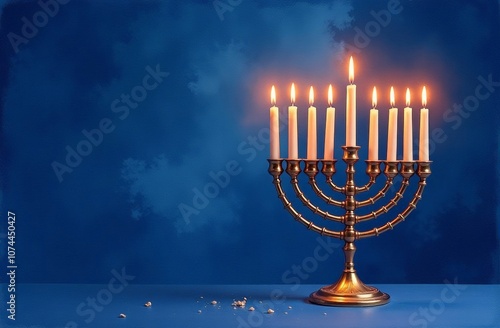 Menorah with burning candles on dark blue background.  Hanukkiah - symbol of jewish holiday Hanukkah. Christmas religious holiday greeting card with copy space. Template banner Watercolor illustration