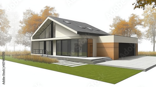 The image shows the project of the facade of a one-story house with a mansard roof. The house has a modern and restrained design with minimalistic elements 