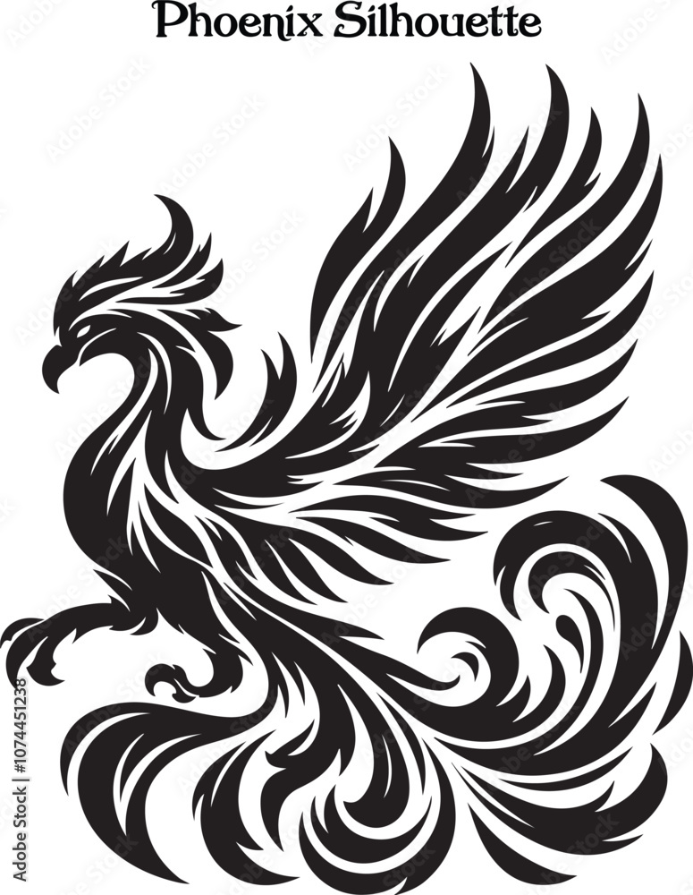 Obraz premium Phoenix Bird Black Silhouette Isolated Vector . A powerful phoenix silhouette with wings spread, symbolizing rebirth and strength.
