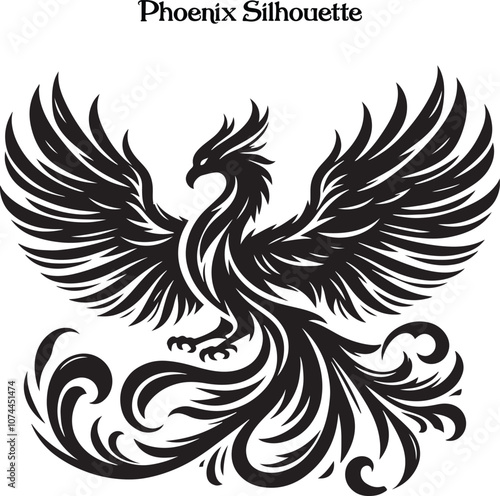 Phoenix Bird Black Silhouette Isolated Vector . 
A powerful phoenix silhouette with wings spread, symbolizing rebirth and strength. photo