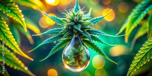 Captivating Glowing Cannabis Bud with Extract Droplet Showcasing Medical and Recreational Uses in a Professional Setting for High-Quality Stock Photography
