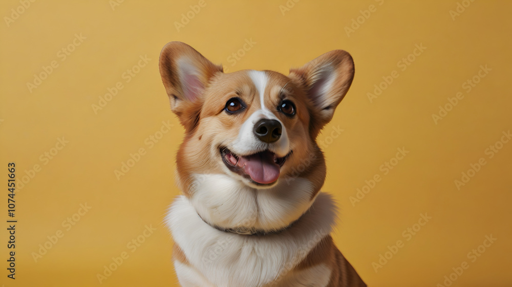 Portrait of a happy corgi on yellow background Portrait of a happy corgi on yellow background