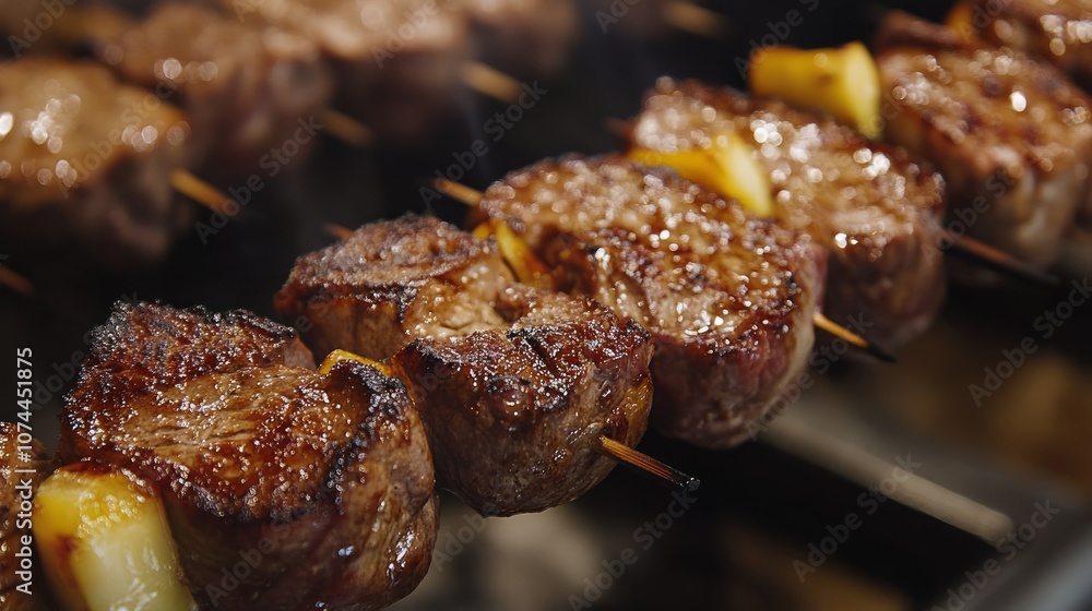 Close-up of juicy, sizzling beef skewers with pineapple on a grill. Close-up of juicy, sizzling beef skewers with pineapple on a grill.