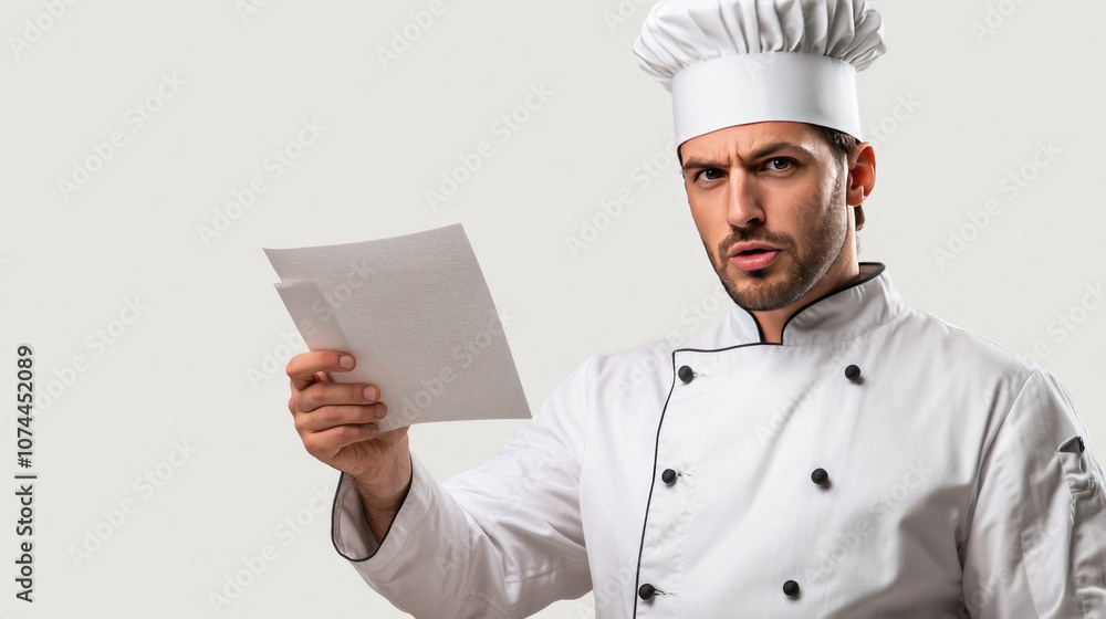 Male Chef Standing Pointing At Recipe On Paper In Hand On White Background, Wearing Chef's Uniform And Chef's Hat, Determined Face Male Chef Standing Pointing At Recipe On Paper In Hand On White Background, Wearing Chef's Uniform And Chef's Hat, Determined Face
