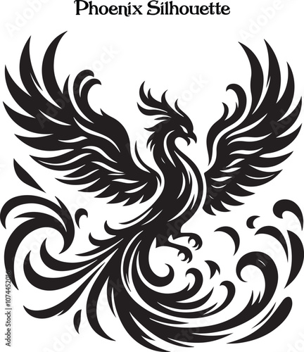 Phoenix Bird Black Silhouette Isolated Vector . 
A powerful phoenix silhouette with wings spread, symbolizing rebirth and strength.