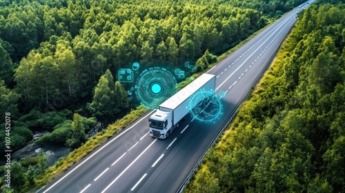 A truck traveling on a highway surrounded by greenery, with digital overlays indicating technology.