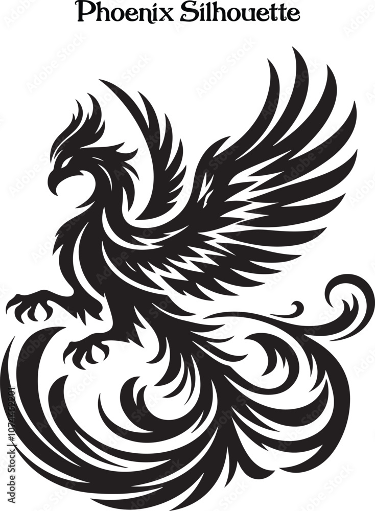 Obraz premium Phoenix Bird Black Silhouette Isolated Vector . A powerful phoenix silhouette with wings spread, symbolizing rebirth and strength.
