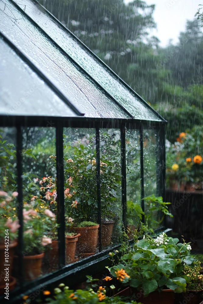 A glass greenhouse in the rain, the glass panels streaked with water A glass greenhouse in the rain, the glass panels streaked with water