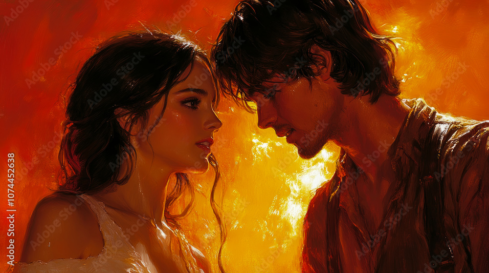 A couple shares an intimate gaze, surrounded by warm hues, conveying deep emotion and connection in a passionate atmosphere at dusk A couple shares an intimate gaze, surrounded by warm hues, conveying deep emotion and connection in a passionate atmosphere at dusk