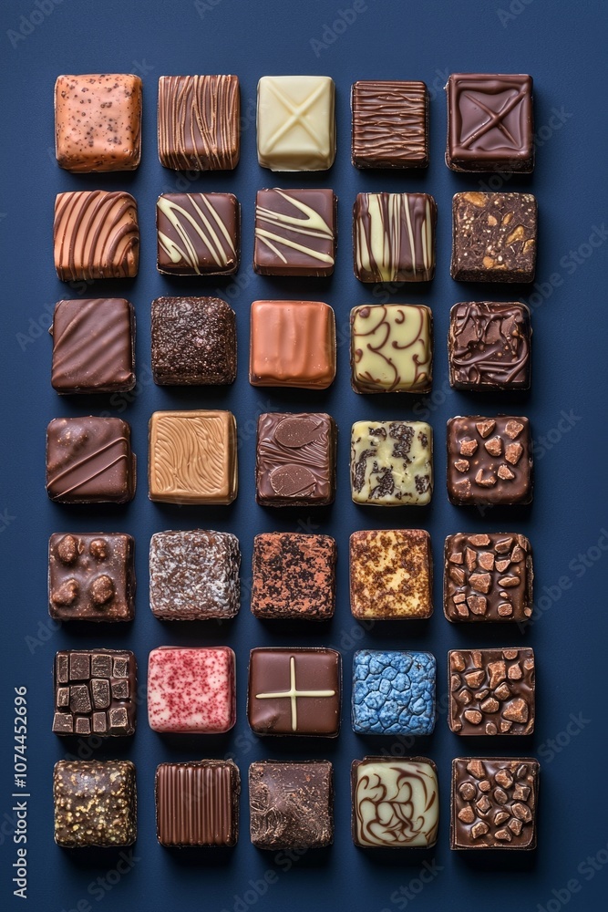 A grid of various square-shaped chocolates arranged in rows and columns on a dark blue background A grid of various square-shaped chocolates arranged in rows and columns on a dark blue background