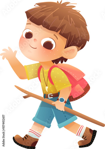 Little boy hiking holding wooden pole and backpack. Happy schoolboy explorer on backpacking adventure. Children character design for school and preschool kids. Vector illustration isolated clip art.