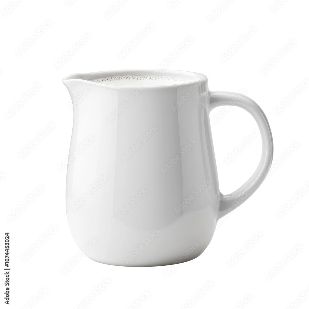 A simple white ceramic milk jug on a white background. A simple white ceramic milk jug on a white background.