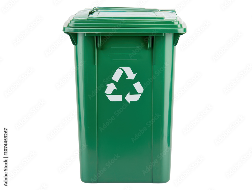 Green recycling bin with lid, white isolated background.