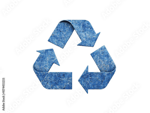 Recycling symbol on blue texture, white isolated background