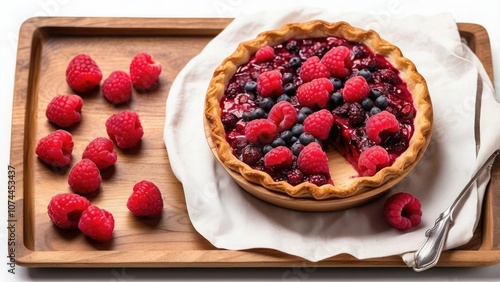 NG, raspberry-topped berry pie on a wooden dish, alone against a white background, top view