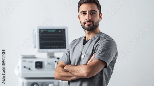 Male nurse standing checking medical equipment on a white background, wearing a nurse's uniform, serious and professional face photo