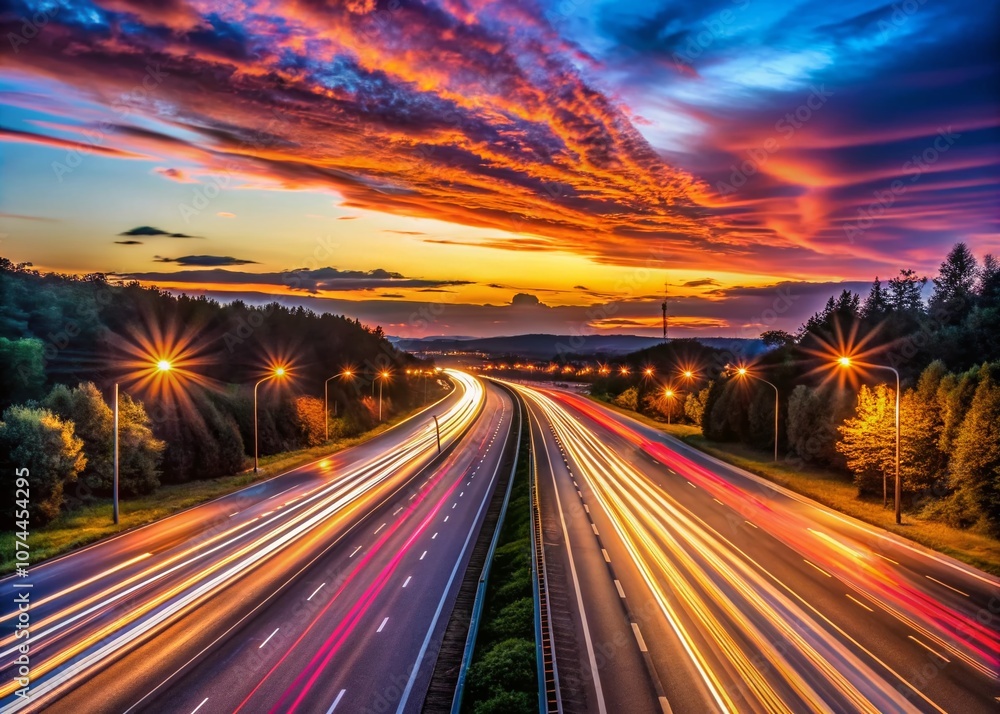 Captivating Low Light Photography of a Highway at Dusk with Glowing Lights and Dramatic Skies, Perfect for Exploring Nighttime Cityscapes and Road Adventures Captivating Low Light Photography of a Highway at Dusk with Glowing Lights and Dramatic Skies, Perfect for Exploring Nighttime Cityscapes and Road Adventures
