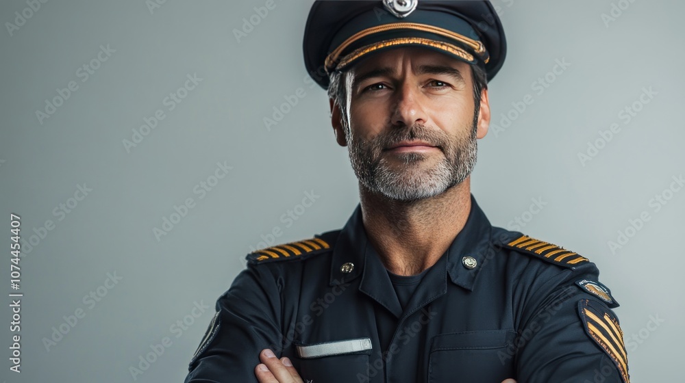 Male pilot standing with arms crossed on white background, wearing full pilot uniform and pilot helmet, confident and trustworthy face Male pilot standing with arms crossed on white background, wearing full pilot uniform and pilot helmet, confident and trustworthy face