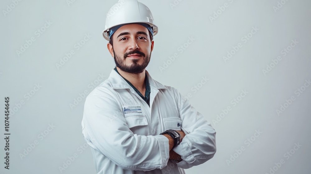 Male solar technician standing with arms crossed on white background, wearing work clothes and hard hat, with a confident and expert face Male solar technician standing with arms crossed on white background, wearing work clothes and hard hat, with a confident and expert face