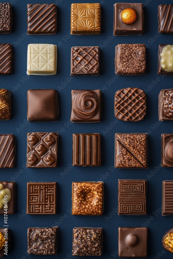 A grid of various square-shaped chocolates arranged in rows and columns on a dark blue background A grid of various square-shaped chocolates arranged in rows and columns on a dark blue background