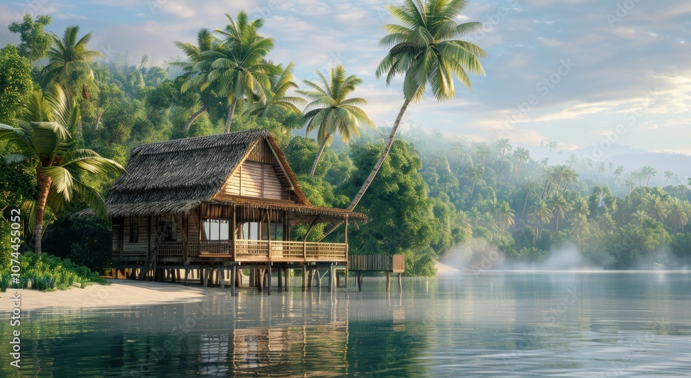 tropical paradise, serene landscape, calm waters, wooden house A tranquil beach scene with a thatched roof hut surrounded by palm trees and peaceful water, showcasing natural beauty tropical paradise, serene landscape, calm waters, wooden house A tranquil beach scene with a thatched roof hut surrounded by palm trees and peaceful water, showcasing natural beauty