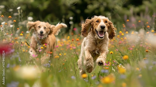 A pair of Cocker Spaniels running through a field of wildflowers 