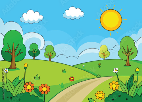 Sunny Day in a Beautiful Green Field with Bushes and Colorful Flowers, Perfect for Outdoor Nature Photography and Scenic Landscape Backgrounds