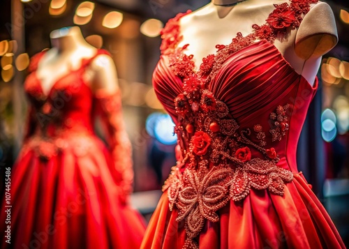 Captivating Macro Photography of a Red Evening Dress on a Mannequin Showcasing Intricate Details and Textures for Fashion Enthusiasts and Designers