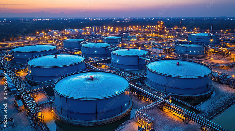 Numerous large storage tanks are illuminated against the twilight sky at an industrial oil facility, showcasing extensive petrochemical operations Numerous large storage tanks are illuminated against the twilight sky at an industrial oil facility, showcasing extensive petrochemical operations