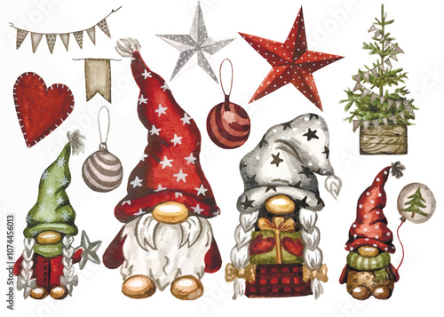Vector Freehand watercolor clipart cute christmas gnomes family. Hand drawn watercolour scandinavian ornament. Design elements for paper, patterns, logos, banners