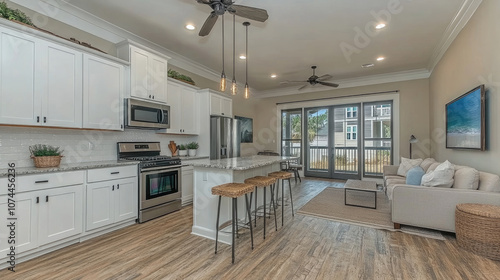 A sunny kitchen and living area with white cabinetry, stainless steel appliances, and bar seating creates an inviting and functional space for gathering